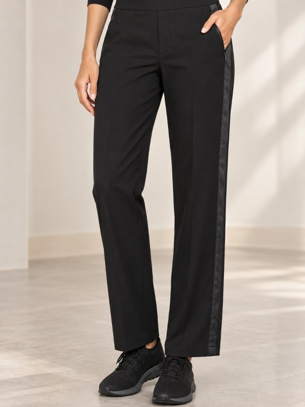 NWT Athleta Endless Tuxedo Stripe Pants in Black, Size 10